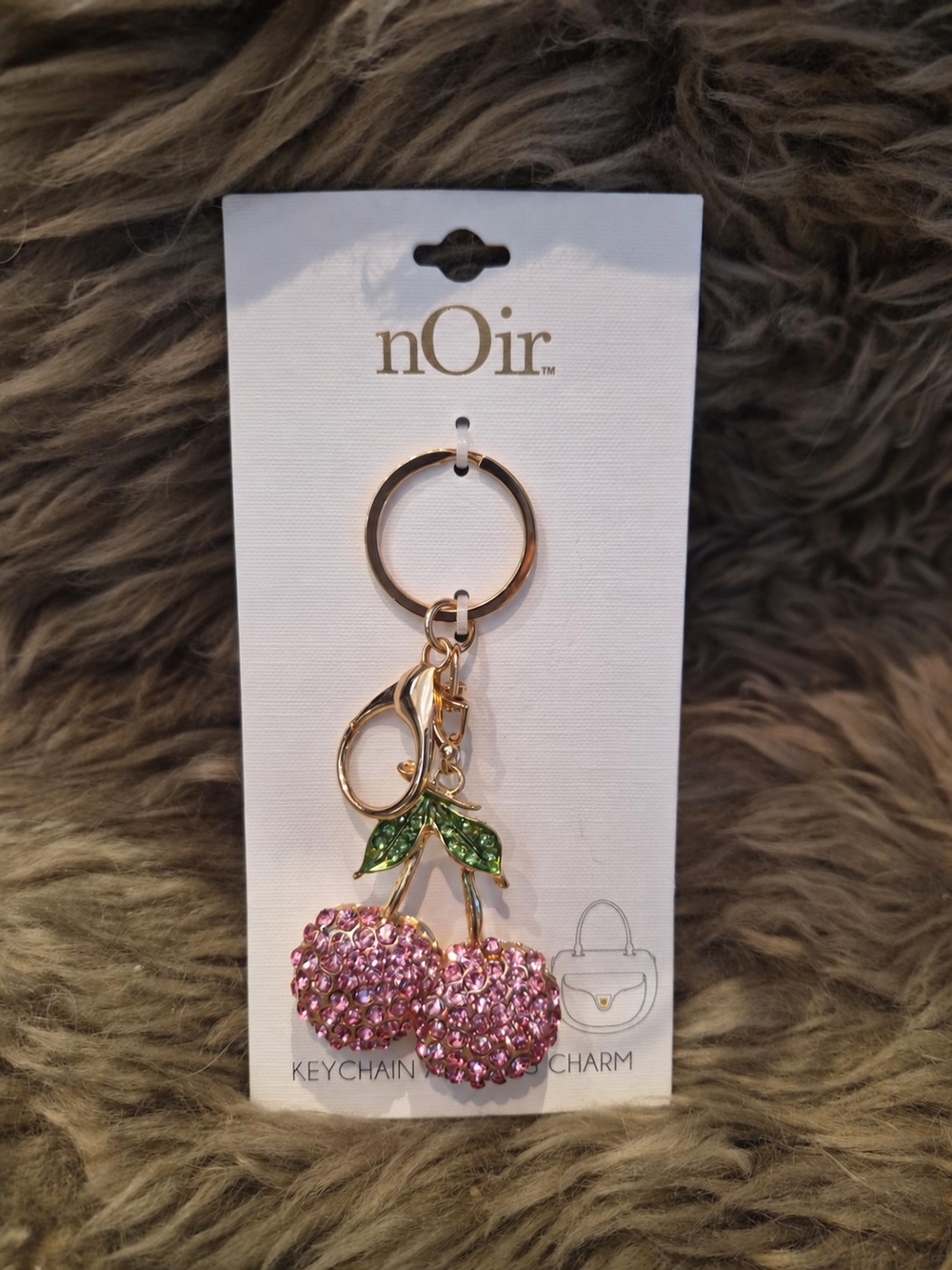 nOir Jewelry Pink Crystal Cherry Keychain with Green Leaf Accents